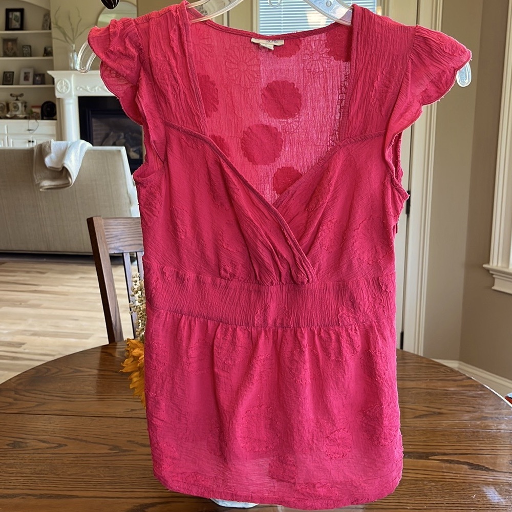 Odille Anthropologie Wrap Top Flutter Short Sleeve Pink Side Zip Womens 0